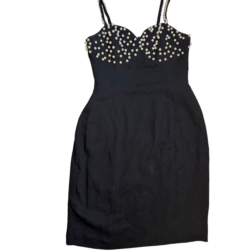 Vintage D'ore Black Mini Dress Pearl Detail Size 8 Cocktail